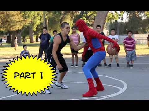 Pro streetballer dresses up as Spiderman and faces people 1 on 1.